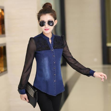 Womens Tops Fashion Style Women Denim Shirt Top Body Jeans Shirts With Long Sleeves Jeans Blouse