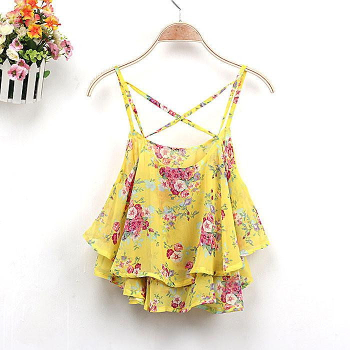 Women Clothing Spaghetti Strap Tank Tops Floral Print Chiffon Shirt Vest Blouses Crop Tops