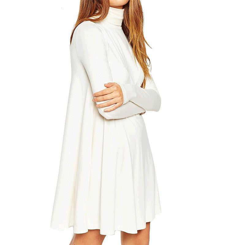 Women Solid White Dress Pullovers Office Lady High Collar Slim Soft Brief Long Hem Dress