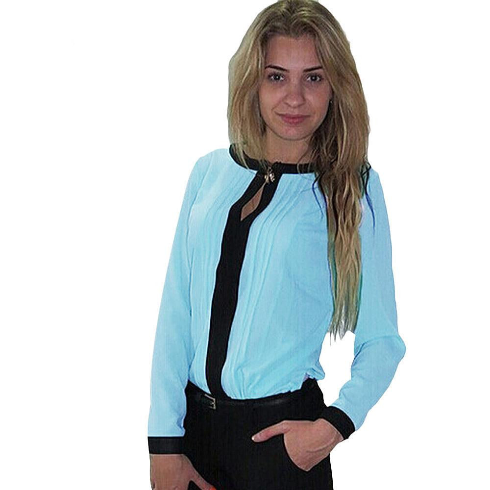 Women Casual Loose Chiffon Pleated Blouse Fashion Patchwork Office OL Long Sleeve Shirt Blouse Top