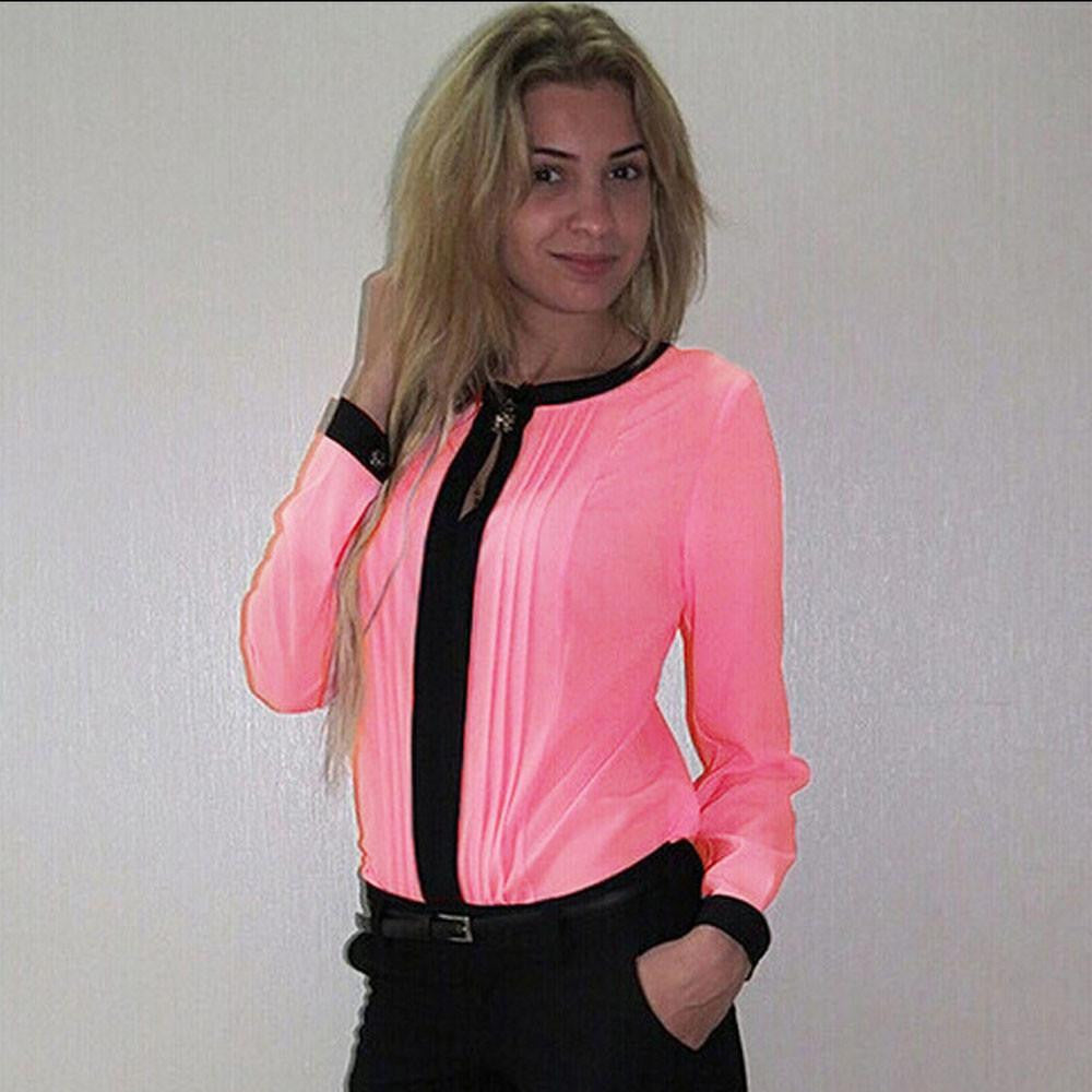 Women Casual Loose Chiffon Pleated Blouse Fashion Patchwork Office OL Long Sleeve Shirt Blouse Top