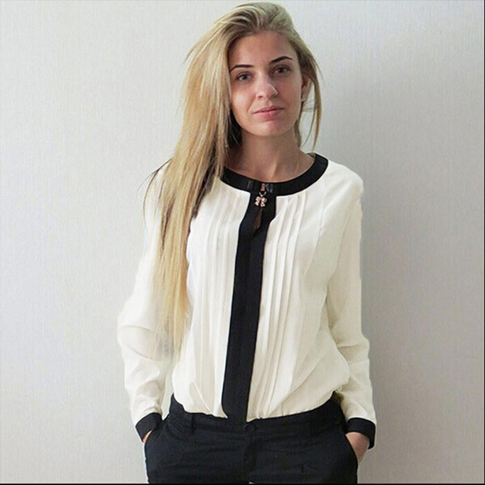 Women Casual Loose Chiffon Pleated Blouse Fashion Patchwork Office OL Long Sleeve Shirt Blouse Top