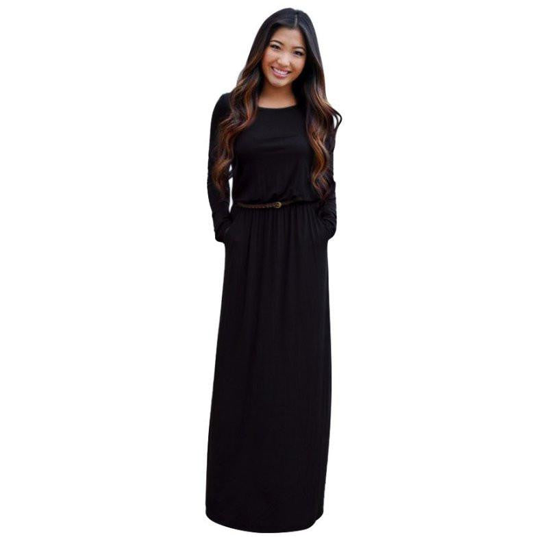 Woman Fashion Pocket Long Sleeve Long Maxi Dresses Black Dress Plus Size