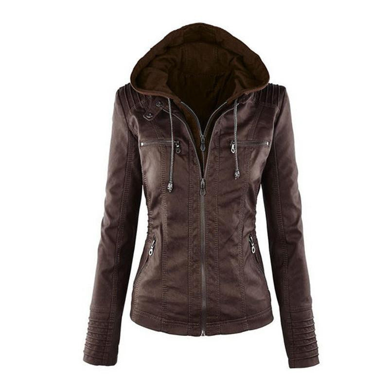 Women's Leather Jacket Coat Hoodies Hooded Lapel Zipper Detachable Leather Jacket Female