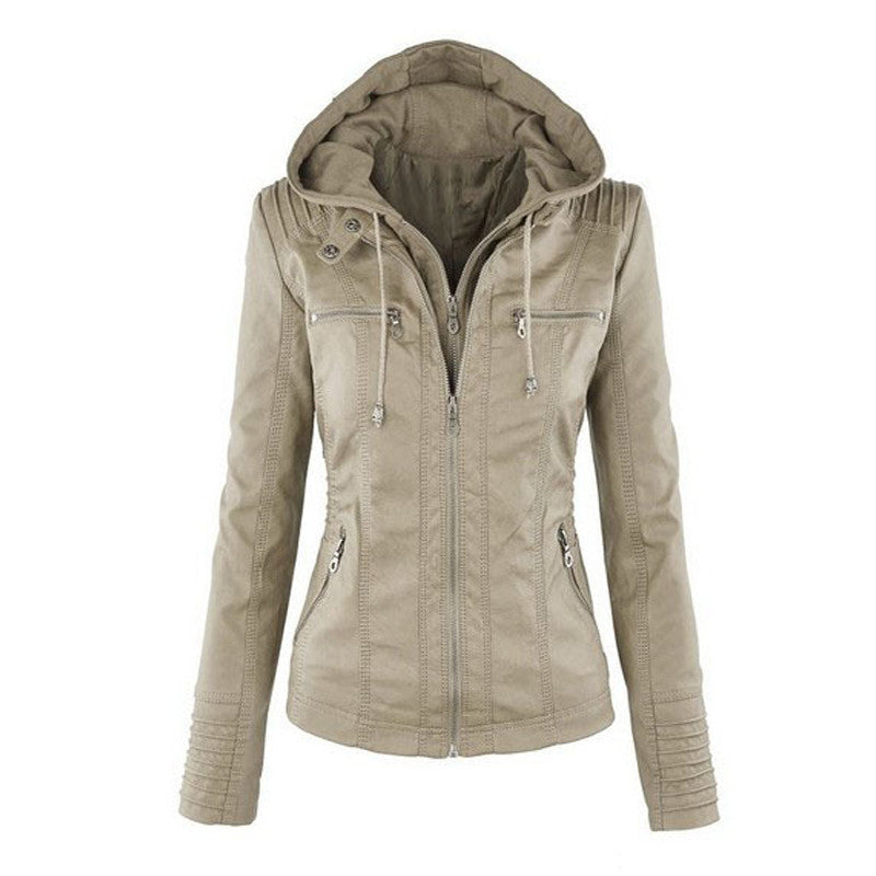 Women's Leather Jacket Coat Hoodies Hooded Lapel Zipper Detachable Leather Jacket Female