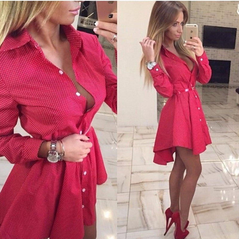 Online discount shop Australia - Fashion Small Dots Printed Shirt Dress Fall Casual Long Sleeve Sexy Mini Party Dresses plus size clothing