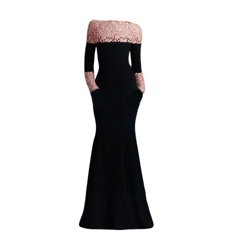 VE1020 Boat neck pink lace long sleeve dress Spring women bodycon elegant dress arrival plus size black long dress