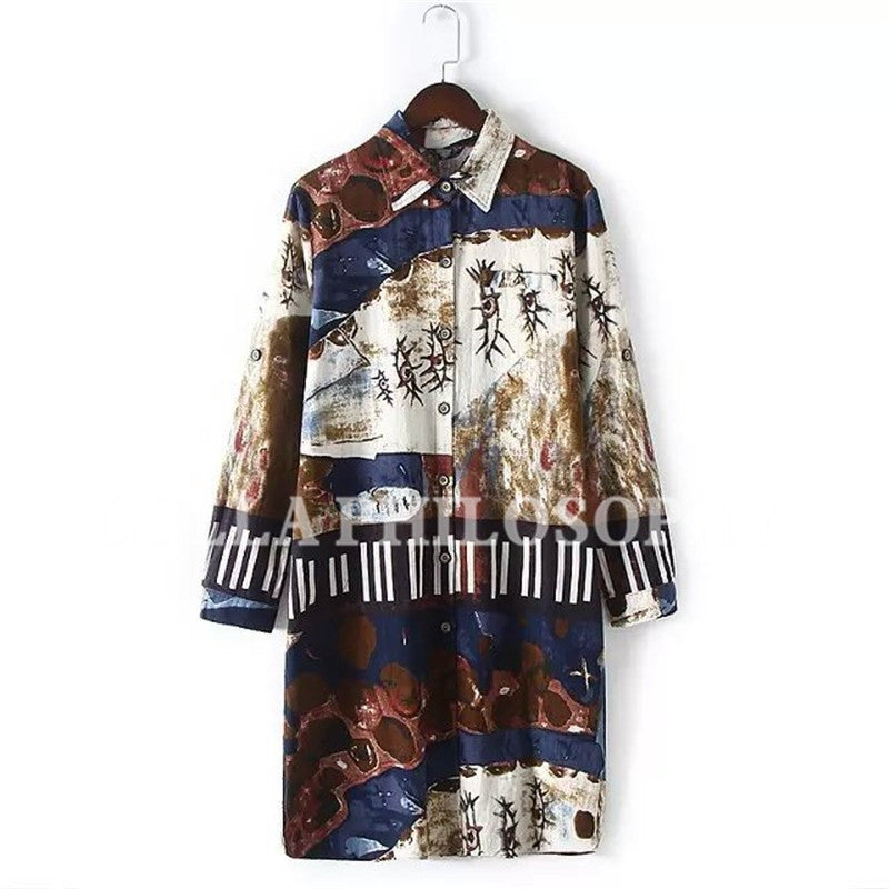 Online discount shop Australia - cotton and linen ethnic Graffiti printed plus size women's clothing long sleeve long shirt blouse real photo