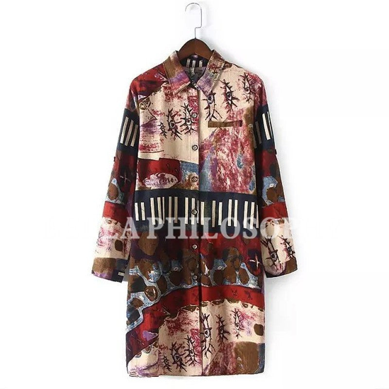 Online discount shop Australia - cotton and linen ethnic Graffiti printed plus size women's clothing long sleeve long shirt blouse real photo