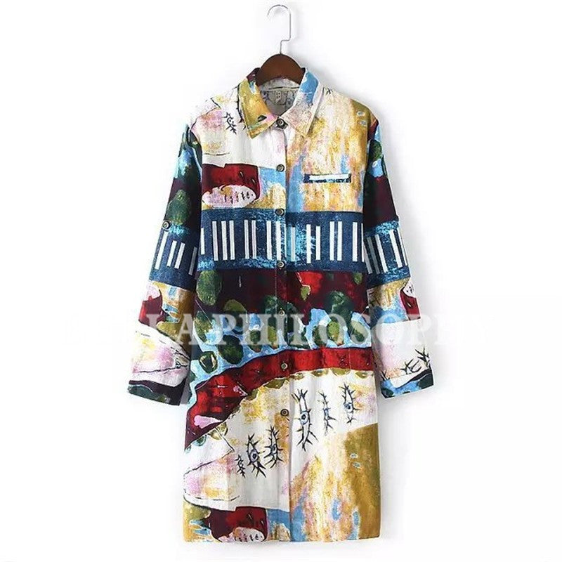 Online discount shop Australia - cotton and linen ethnic Graffiti printed plus size women's clothing long sleeve long shirt blouse real photo