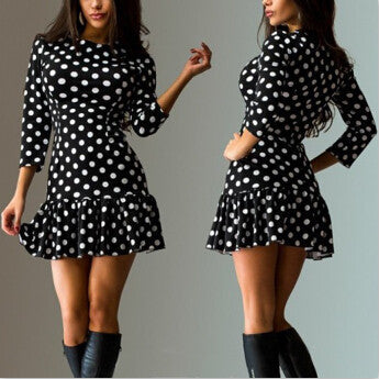 Online discount shop Australia - Dress Women Sexy dresses Three quarter sleeve O-Neck Dot Ruffless sheath Plus size women clothing mini Summer dress style