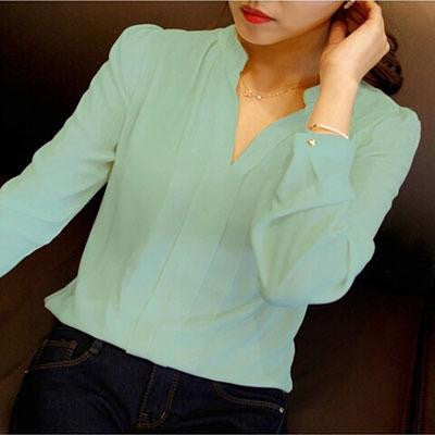 Online discount shop Australia - chiffon blouse ladies candy color elegant v-neck blouses long sleeve chiffon shirt work tops