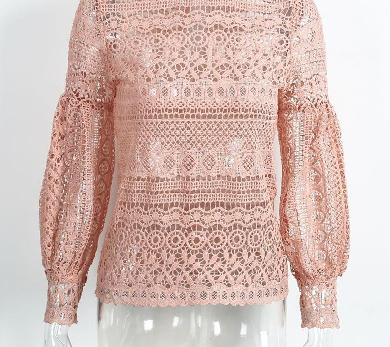 White lace blouse shirt women top Casual hollow out lantern sleeve pink elegant geometry cool blouse