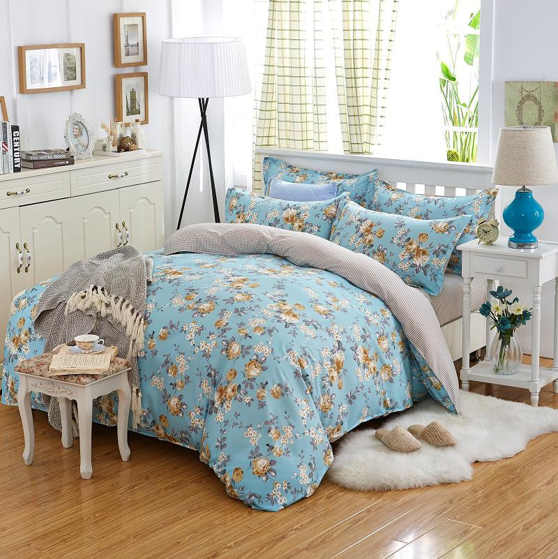 Online discount shop Australia - Elegant Floral Bedding Set Polyester Cotton Bed Linen Sets 4pcs Bedspreads Kids Twin Size Blue Duvet Cover Bed Sheet Set