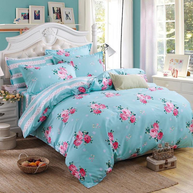 Online discount shop Australia - Elegant Floral Bedding Set Polyester Cotton Bed Linen Sets 4pcs Bedspreads Kids Twin Size Blue Duvet Cover Bed Sheet Set