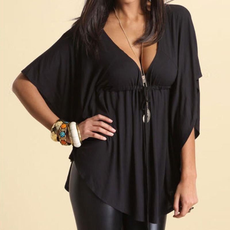 Women Trend Casual Loose V-neck Batwing Sleeve Tops Tee Solid Blouses Shirts Plus Size