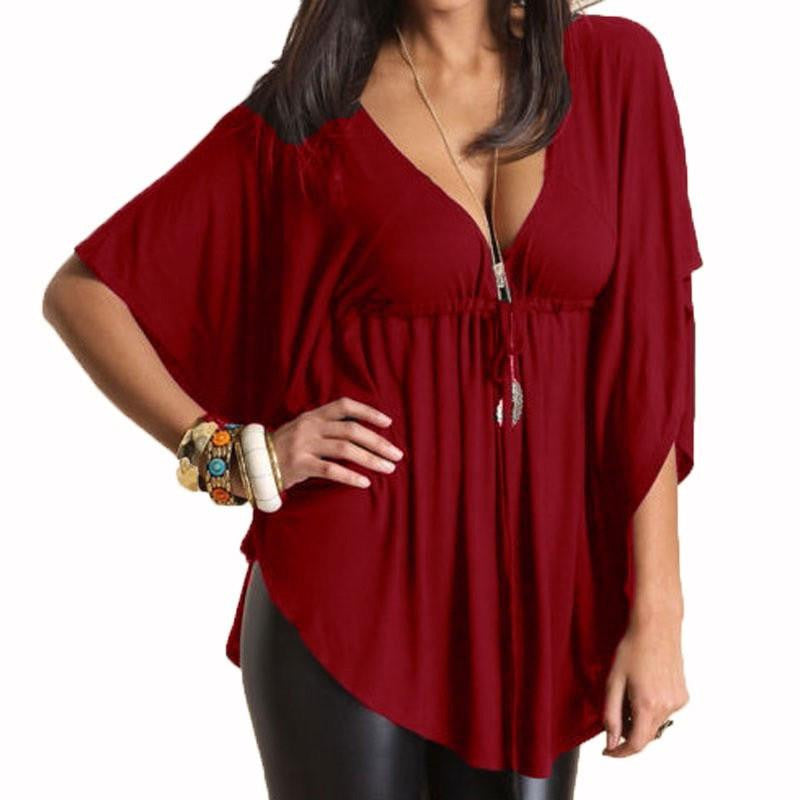 Women Trend Casual Loose V-neck Batwing Sleeve Tops Tee Solid Blouses Shirts Plus Size