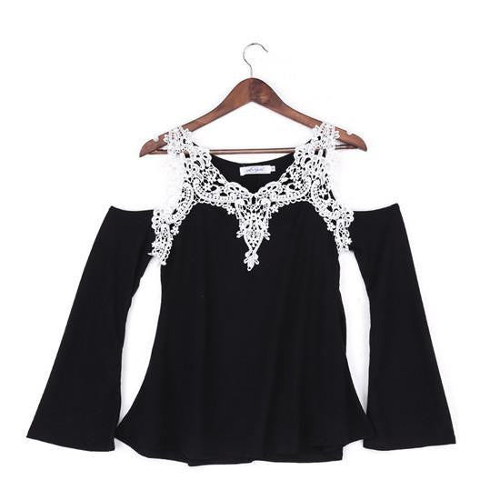 Women Blouse Casual Cotton Off Shoulder V Neck Shirt Ladies Long Sleeve Lace Patchwork Plus Size Tee Top