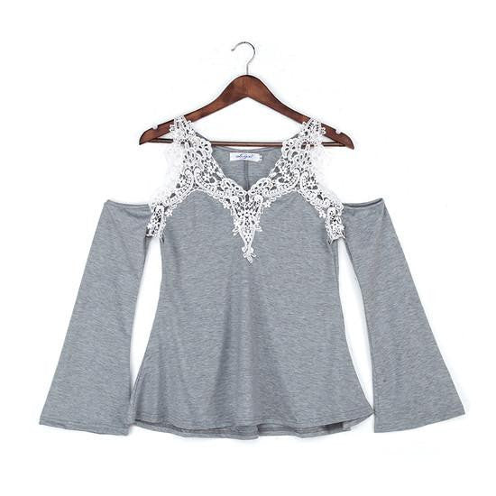 Women Blouse Casual Cotton Off Shoulder V Neck Shirt Ladies Long Sleeve Lace Patchwork Plus Size Tee Top