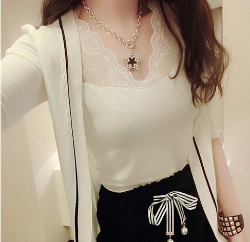 T shirt Women Tops Fashion V-neck Tops Lace Patchwork Sleeveless tee shirt