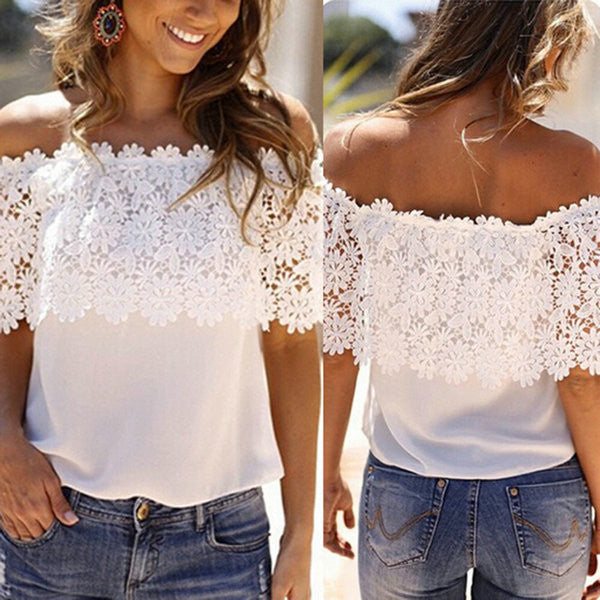 Online discount shop Australia - Fashion Women Chiffon Shirt Lace Crochet Casual Off Shoulder Tops Blouse