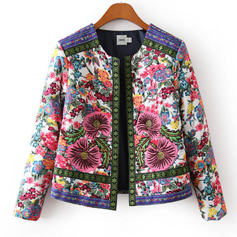 Printed Slim Women Outwear Casual Pockets Open Stitch Jacket Woman Full O-Neck Fashion Chaquetas Mujer