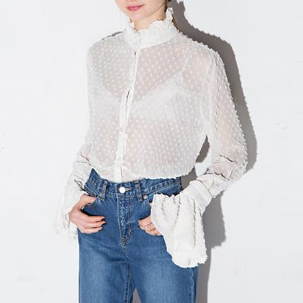 Womens Lace Hollow Out Sheer Flare Sleeve Buttons Blouses Shirts Casual Solid