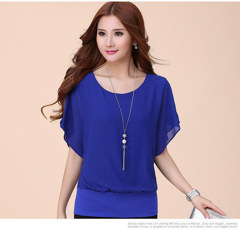 Women's Short-sleeve Top Ladies Chiffon Blouses Shirts Female Elegant Batwing Plus size Casual