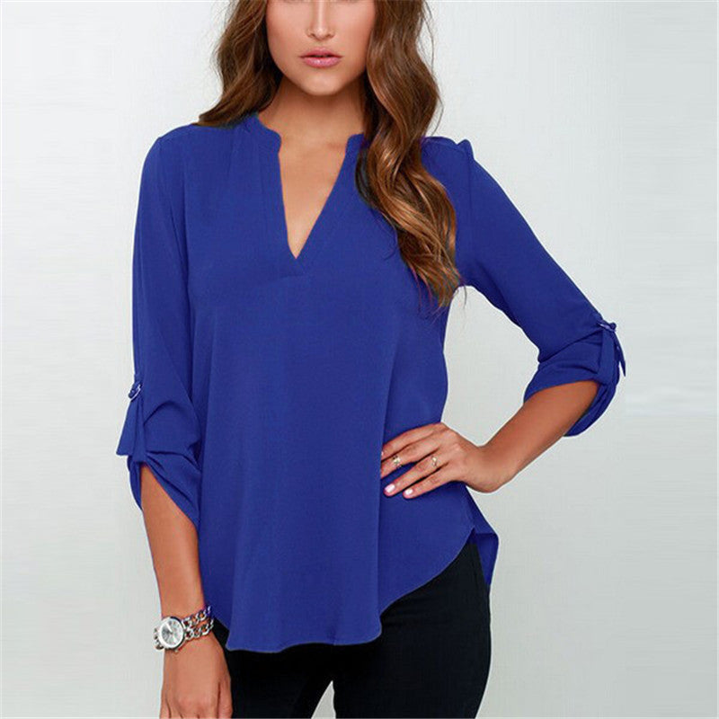 Plus Size S-3XL Fashion Elegant V Neck Long Sleeve Women Blouses Solid Casual Women Chiffon Tops Shirts