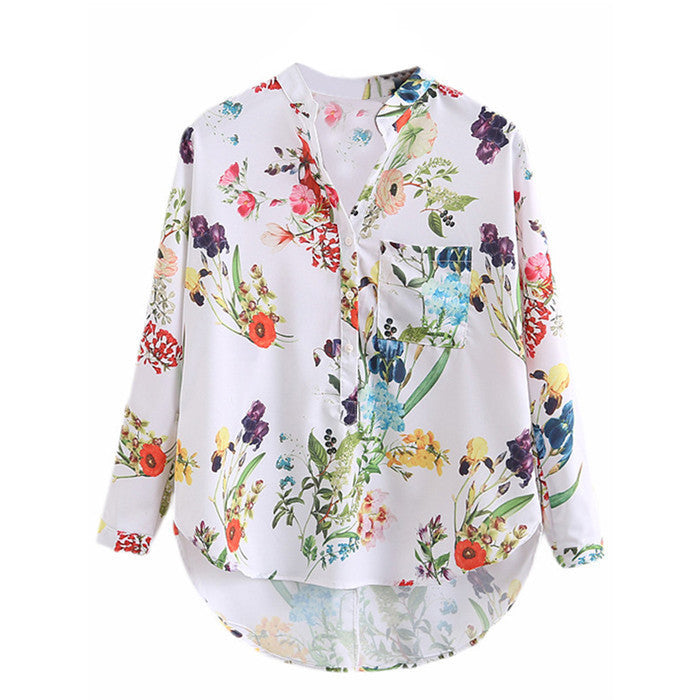 Online discount shop Australia - Multicolor V Neck Floral Print Tops Blouses Casual New Shirts For Women Vogue Long Sleeve Buttons Dip Hem Blouse