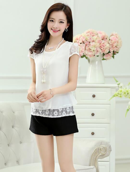 Women's Tops White Tees Crochet Lace Floral Shoulder Short Sleeve Loose Chiffon Blouses Female Shirts