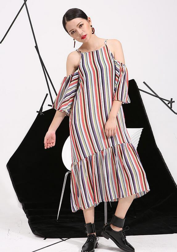Online discount shop Australia - Korean temperament loose short-sleeved striped strapless flounced harness dress AS11699