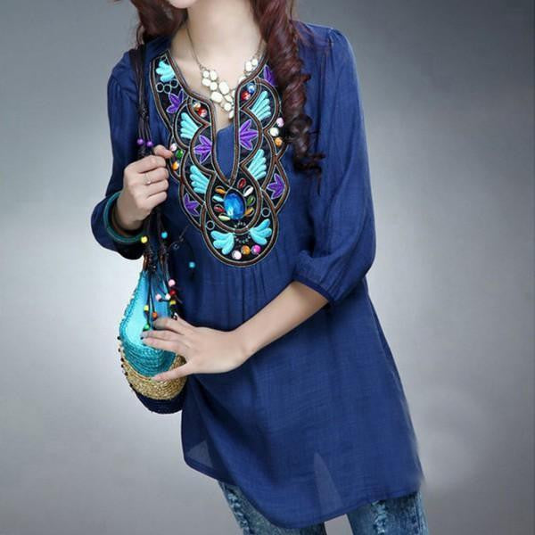 Women Ethnic Embroidery Long Tops Blouse 3/4 Sleeve Pullover Shirt