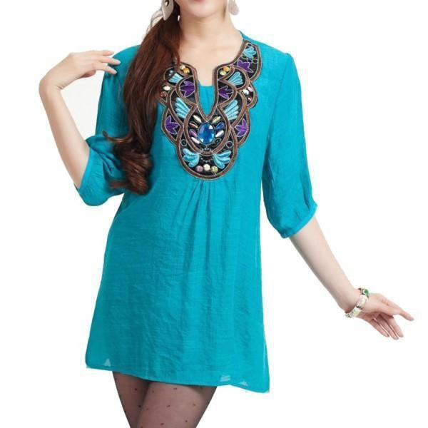 Women Ethnic Embroidery Long Tops Blouse 3/4 Sleeve Pullover Shirt