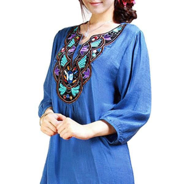 Women Ethnic Embroidery Long Tops Blouse 3/4 Sleeve Pullover Shirt