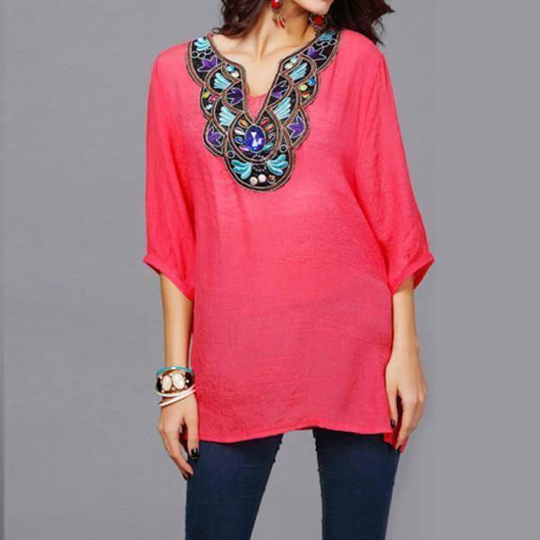 Women Ethnic Embroidery Long Tops Blouse 3/4 Sleeve Pullover Shirt