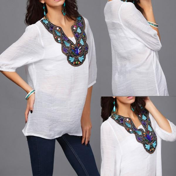 Women Ethnic Embroidery Long Tops Blouse 3/4 Sleeve Pullover Shirt