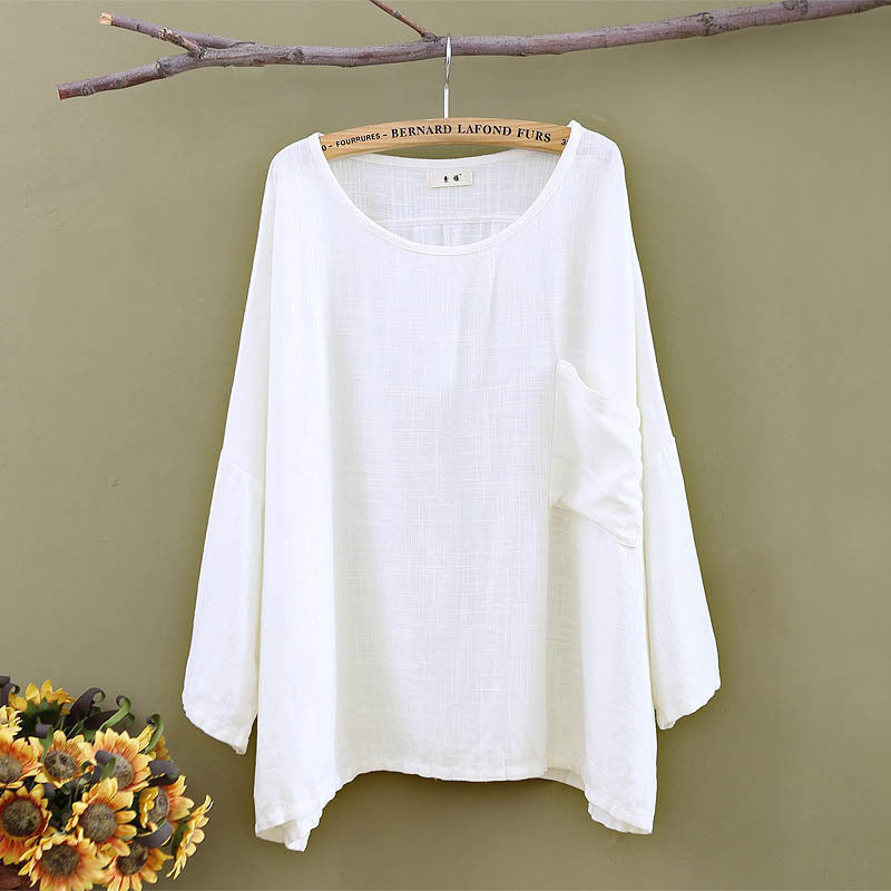 Plus size White Linen Women Blouses Shirt Solid O-neck Loose Casual Shirts Blouse Vintage Linen Tee shirt Tops 5001