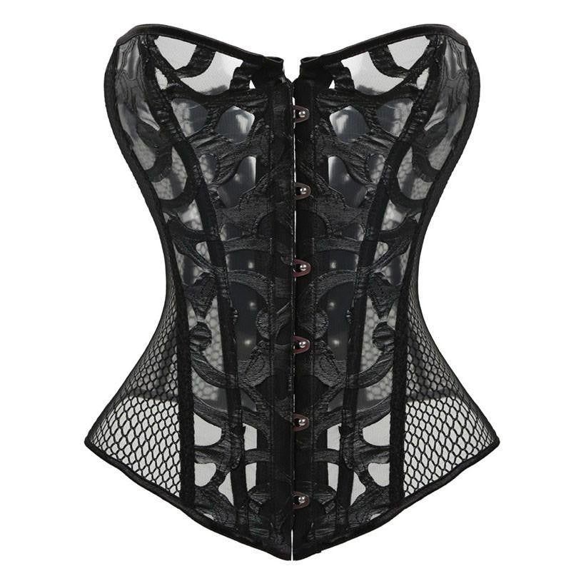 Women's Lace Corset Top With G-string Mesh Bustier Lingerie Black&White