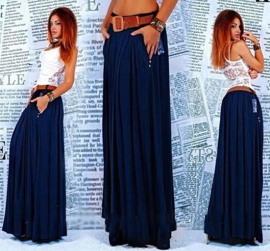 women Maxi Skirt Pleated Skirts solid blue street Clothes Casual long Skirt plus size