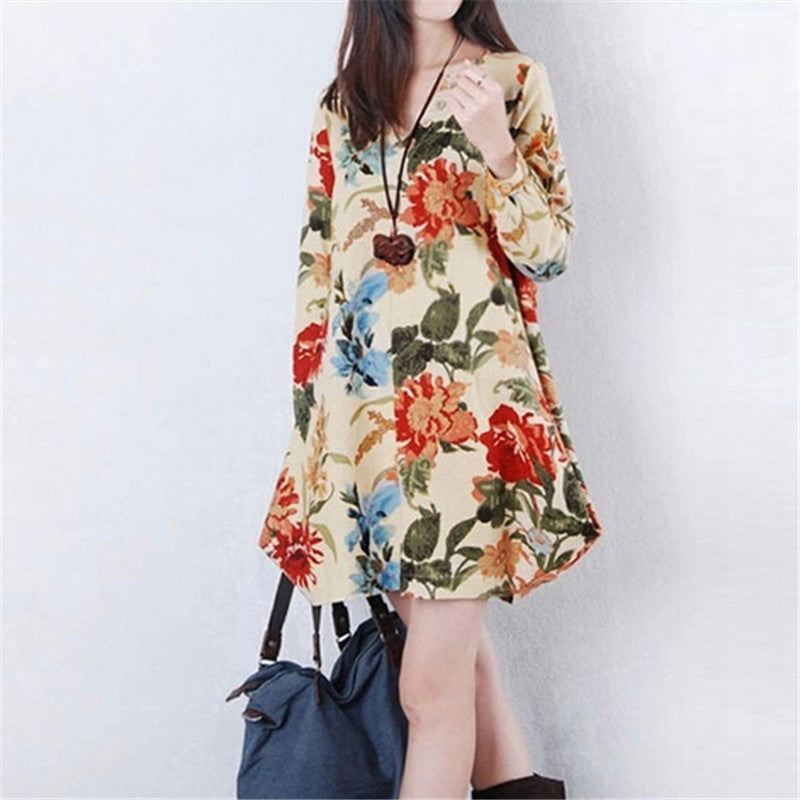 Plus Size S-XXL Fashion Ladies Autumn Vestido Floral Print Linen Casual Loose Long Sleeve V Neck Dresses High