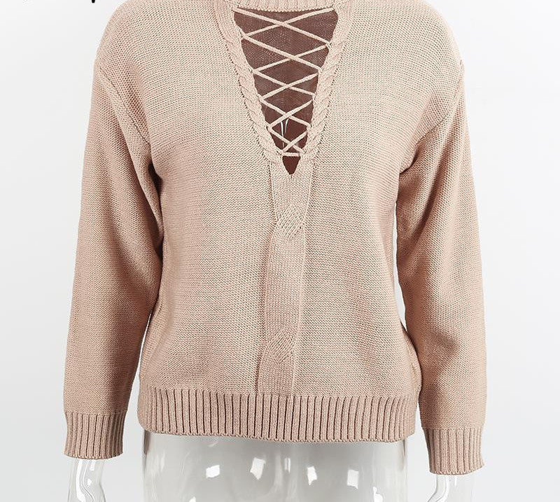 Online discount shop Australia - Lace up knitted sweater Women casual black halter twist pullover long sleeve nude jumper pull