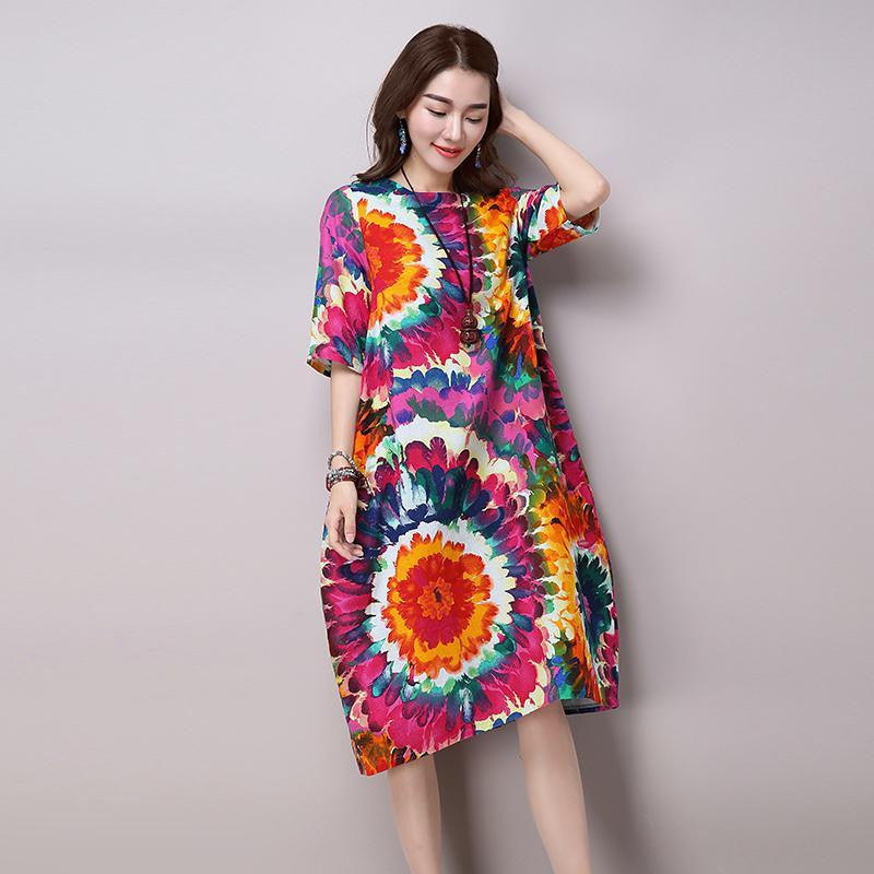 Vintage Print Loose Casual Long Dress Plus Size Women's Cotton Linen Summer Dresses H200