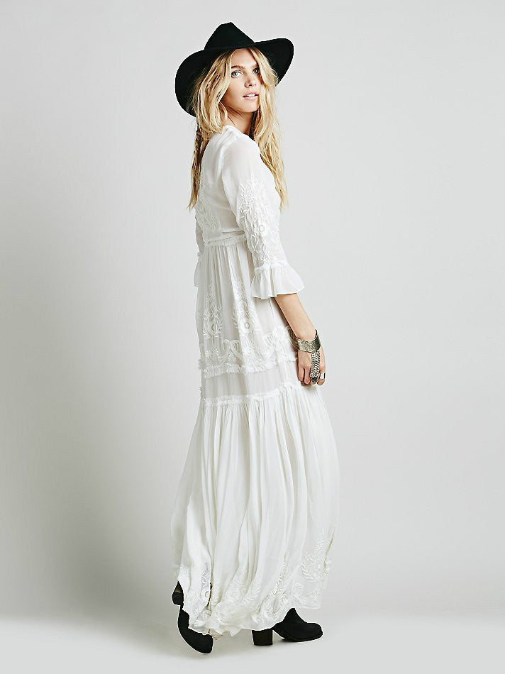 Online discount shop Australia - Bohemia embroidery maxi dress women's white ruffles elegant sweet long loose dress fashion party dresses
