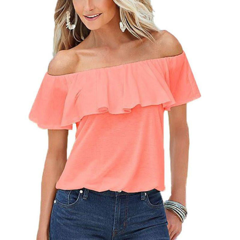 Women sexy Cropped Shirt Slash Neck Ruffle Short Sleeve Off Shoulder Top Blouse