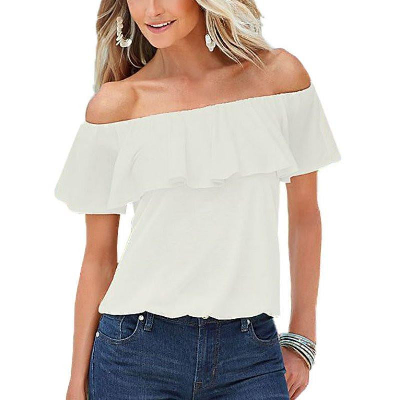 Women sexy Cropped Shirt Slash Neck Ruffle Short Sleeve Off Shoulder Top Blouse