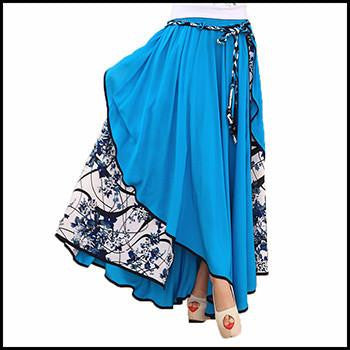 Women Skirt Casual Bohemian Floral Patchwork Asymmetric Long Skirt Pleated Big Hem