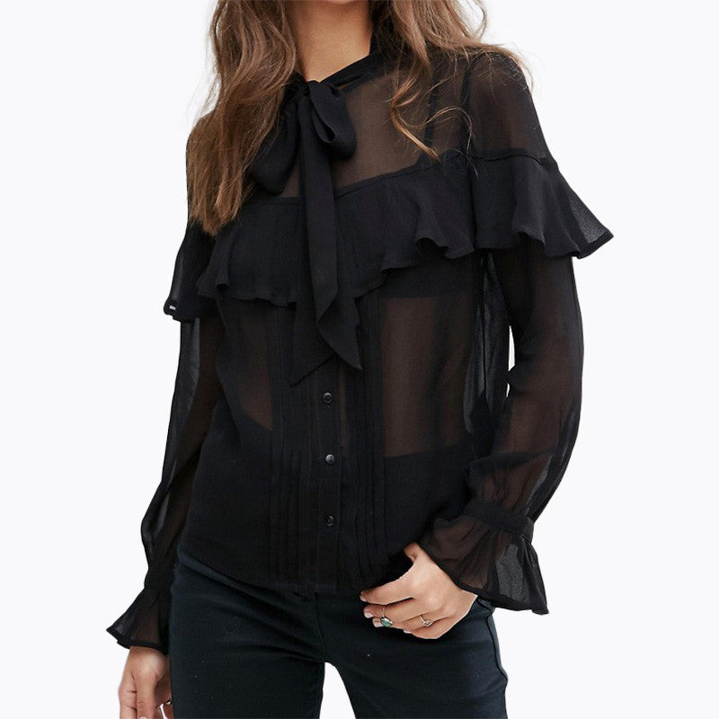 Online discount shop Australia - Black Sheer Lace Chiffon Shirt Solid Butterfly Sleeve Blouse Sexy Single Breasted Women Tops