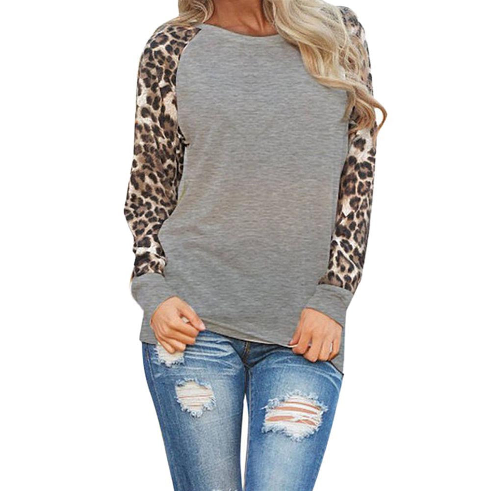 Plus Size Women Clothing Fashion Women Patchwork Leopard Print Chiffon Casual Long Sleeve Lady Tops Shirt