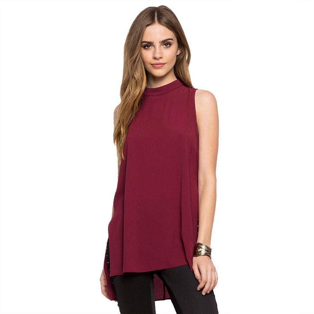 Online discount shop Australia - Elegant Women Fashion Style Brief Top Stand-Up Collar Sleeveless Asymmetrical Chiffon Split Cotton Beautiful Tank Tops for Women